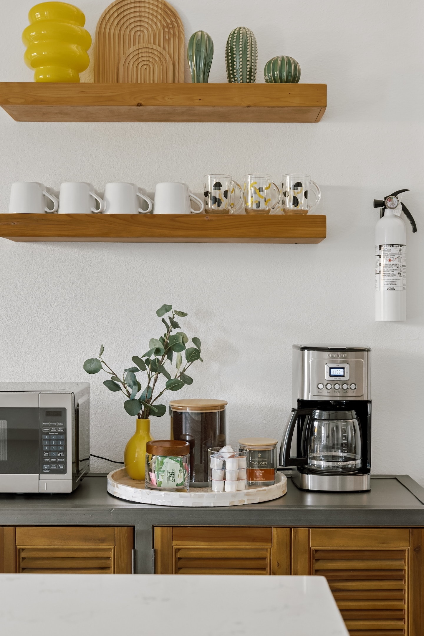 Kitchen shelves with cacti and mugs